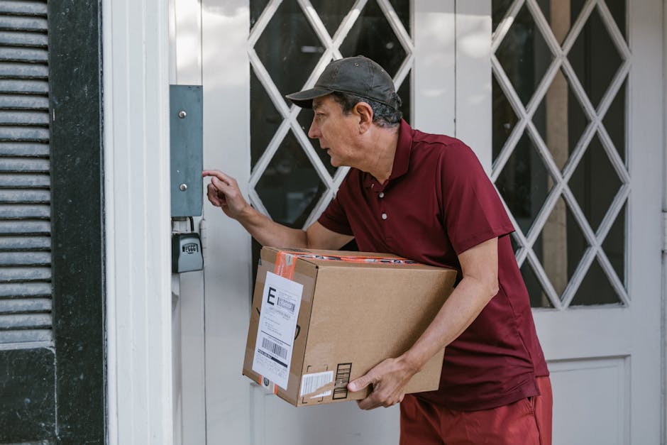 A delivery person wearing a maroon uniform and black cap is opening a door with a diamond-patterned glass panel at an urban property. He is holding a medium-sized cardboard box with Amazon shipping la