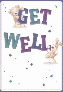 There's an immediate feeling of heartfelt support conveyed by this delightfully illustrated get well card, echoing the understated elegance unique to Marylebone. A plush teddy bear perches atop the curved, purple-hued 'GET,' its inviting expression full of hope, while a playful pup rests by the robust 'WELL' in shades of soothing teal. Their rounded forms and lively faces infuse the scene with sincerity and encouragement, much like a friendly hello outside Marylebone High Street's cafes. Soft, twinkling stars hover nearby on a flawlessly white background, evoking the dreamy atmosphere of an early morning stroll near Paddington Street Gardens. The attention to tactile details-the bear's fluffy fur, the puppy's floppy ears-evoke the comforting feel of a hand-tied arrangement, thoughtfully prepared for same-day delivery in W1. Every element radiates optimism and tenderness, offering a gentle way to uplift a loved one here in Marylebone during their recovery.